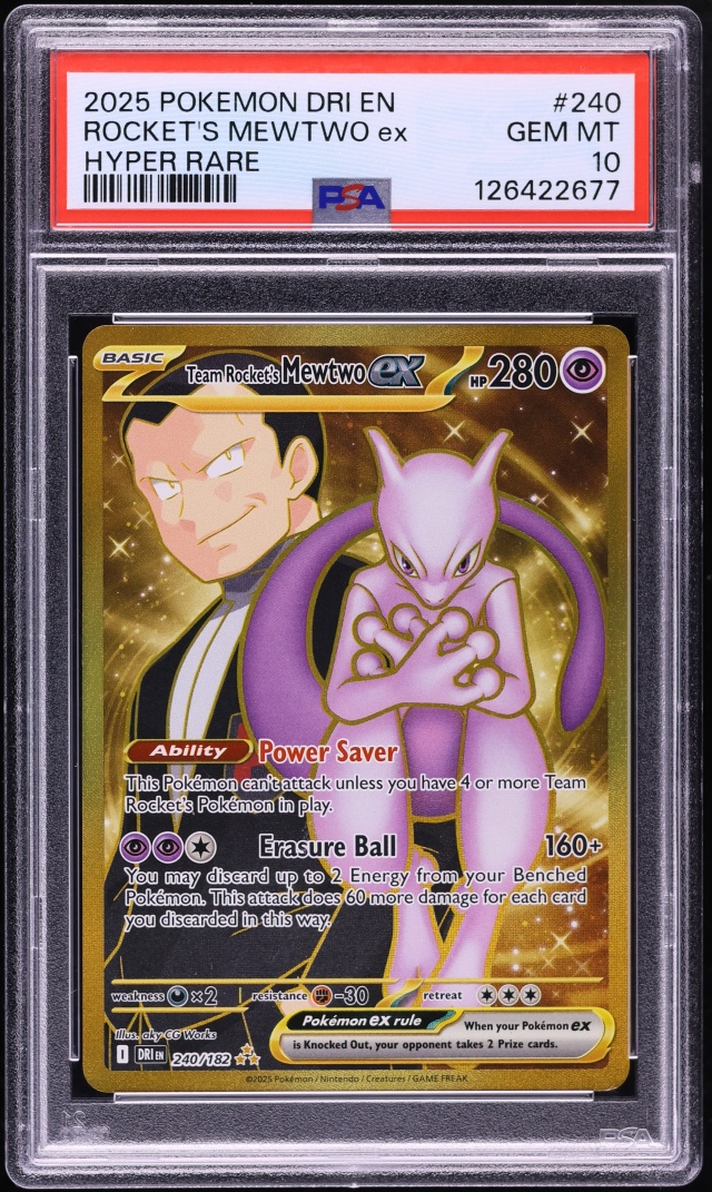 2025 Pokemon Scarlet & Violet Destined Rivals Gold Rare Team Rocket's Mewtwo Ex #240 PSA 10 GEM