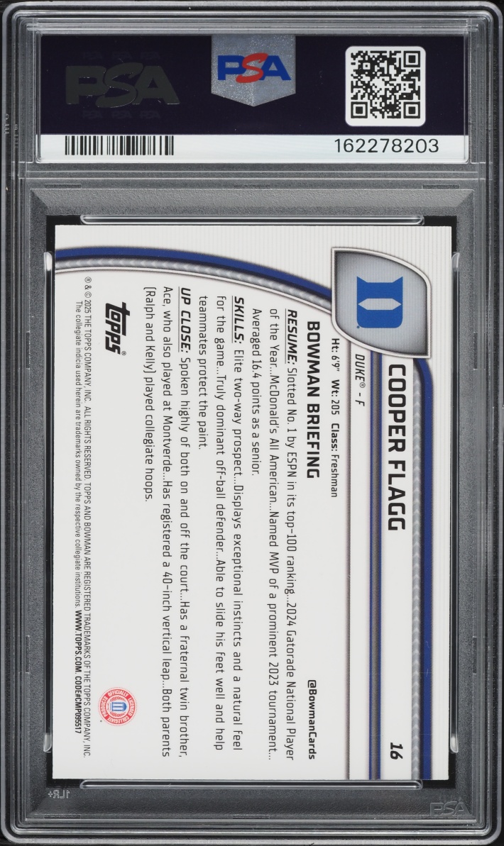 2024 Bowman Chrome University Purple Lava Cooper Flagg #16 PSA 9 MINT