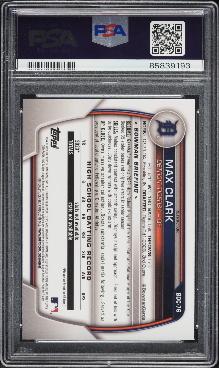 2023 Bowman Chrome Draft Refractor Max Clark PROSPECT #BDC-76 PSA 10 GEM MINT