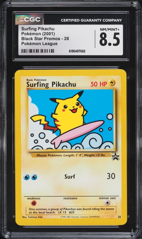 2001 Pokemon League Black Star Promo Surfing Pikachu #28 CGC 8.5 NM-MT+