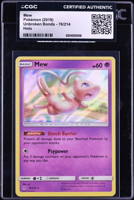 2019 Pokemon Sun & Moon Unbroken Bonds Holo Mew #76 CGC AUTH