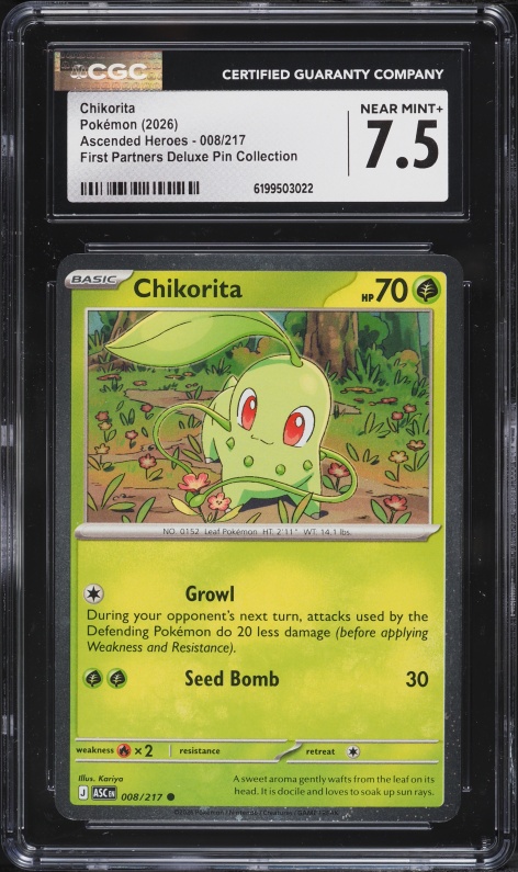 2026 Pokemon Mega Ascended Heroes First Partners Deluxe Pin Chikorita #8 CGC 7.5 NRMT+