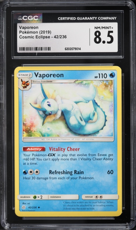 2019 Pokemon Sun & Moon Cosmic Eclipse Vaporeon #42 CGC 8.5 NM-MT+