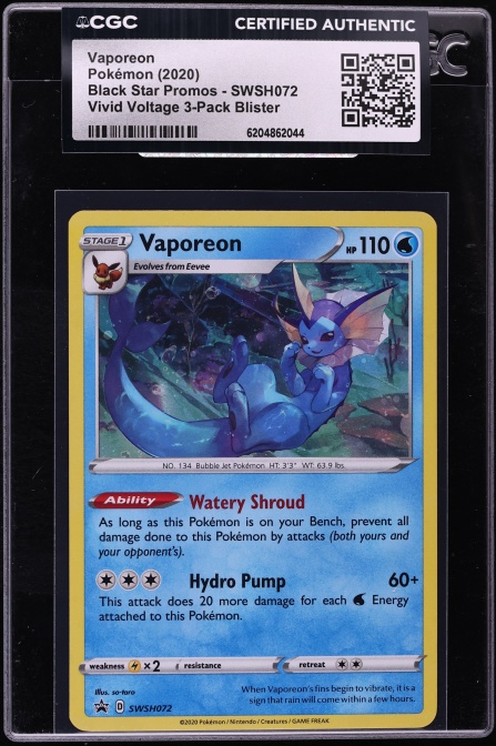 2020 Pokemon Sword & Shield Promo Vivid Voltage Blister Holo Vaporeon #SWSH072 CGC AUTH