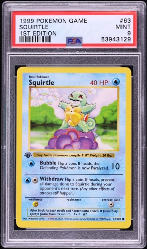 1999 Pokemon Base Set Shadowless 1st Edition Squirtle #63 PSA 9 MINT
