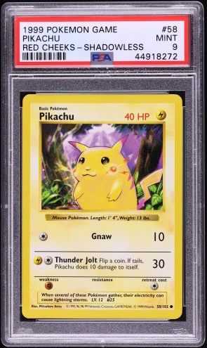 1999 Pokemon Base Set Shadowless Red Cheeks Pikachu #58 PSA 9 MINT
