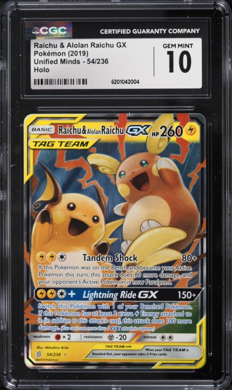 2019 Pokemon Sun & Moon Unified Minds Holo Raichu & Alolan Raichu GX #54 CGC 10 GEM MINT