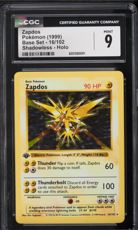 1999 Pokemon Base Set Shadowless 1st Edition Holo Zapdos #16 CGC 9 MINT