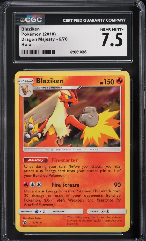 2018 Pokemon Sun & Moon Dragon Majesty Holo Blaziken #6 CGC 7.5 NRMT+