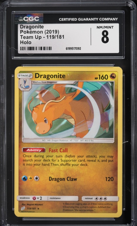 2019 Pokemon Sun & Moon Team Up Holo Dragonite #119 CGC 8 NM-MT