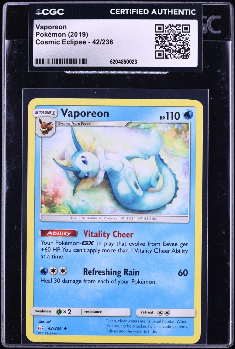 2019 Pokemon Sun & Moon Cosmic Eclipse Vaporeon #42 CGC AUTH