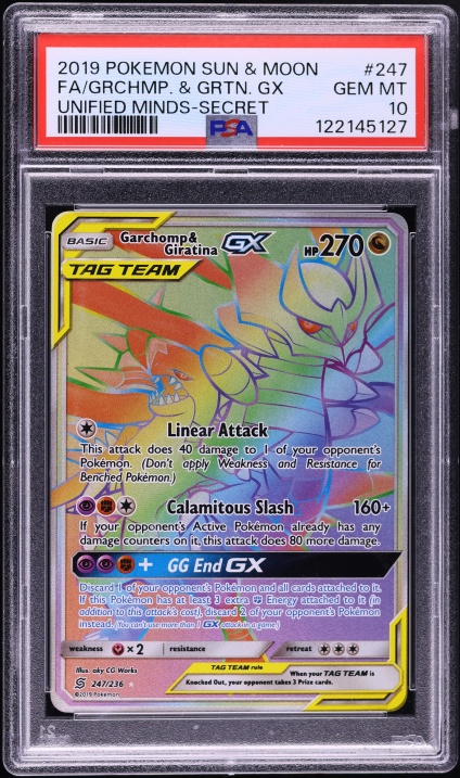2019 Pokemon Sun & Moon Unified Minds Rainbow Rare Garchomp & Giratina GX #247 PSA 10 GEM MINT