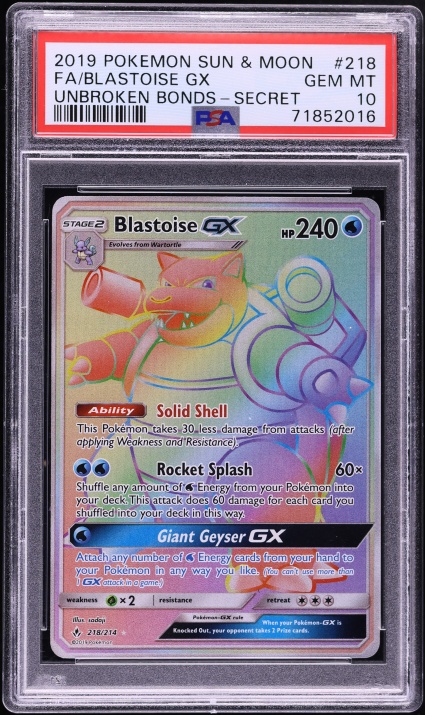 2019 Pokemon Sun & Moon Unbroken Bonds Rainbow Rare Blastoise GX #218 PSA 10 GEM