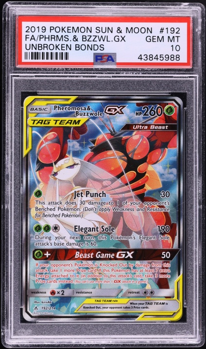 2019 Pokemon Sun & Moon Unbroken Bonds Alt Art Pheromosa & Buzzwole GX #192 PSA 10 GEM MINT