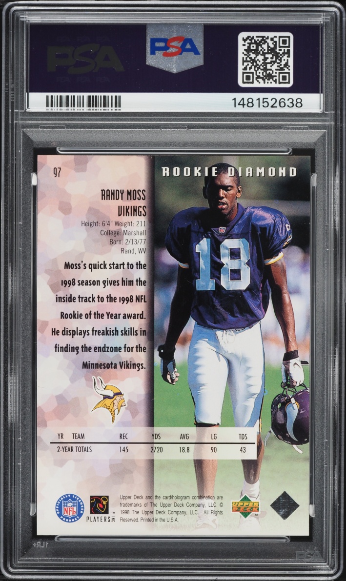 1998 Black Diamond Single Randy Moss ROOKIE #97 PSA 9 MINT