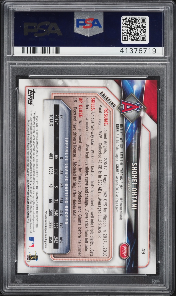 2018 Bowman Shohei Ohtani ROOKIE #49 PSA 10 GEM MINT