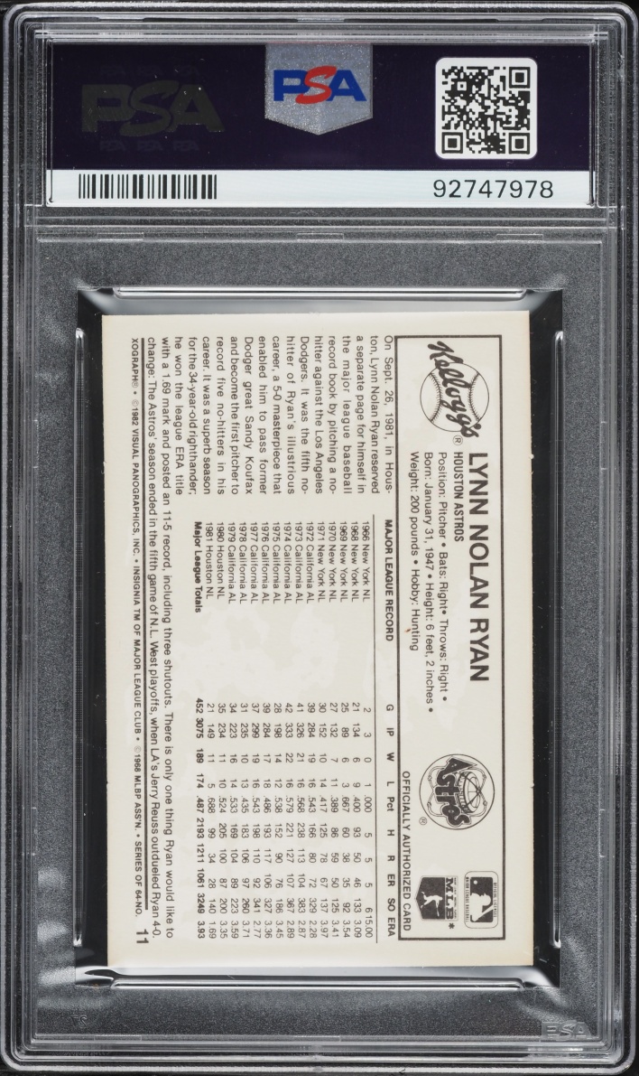 1982 Kellogg's Nolan Ryan #11 PSA 9 MINT
