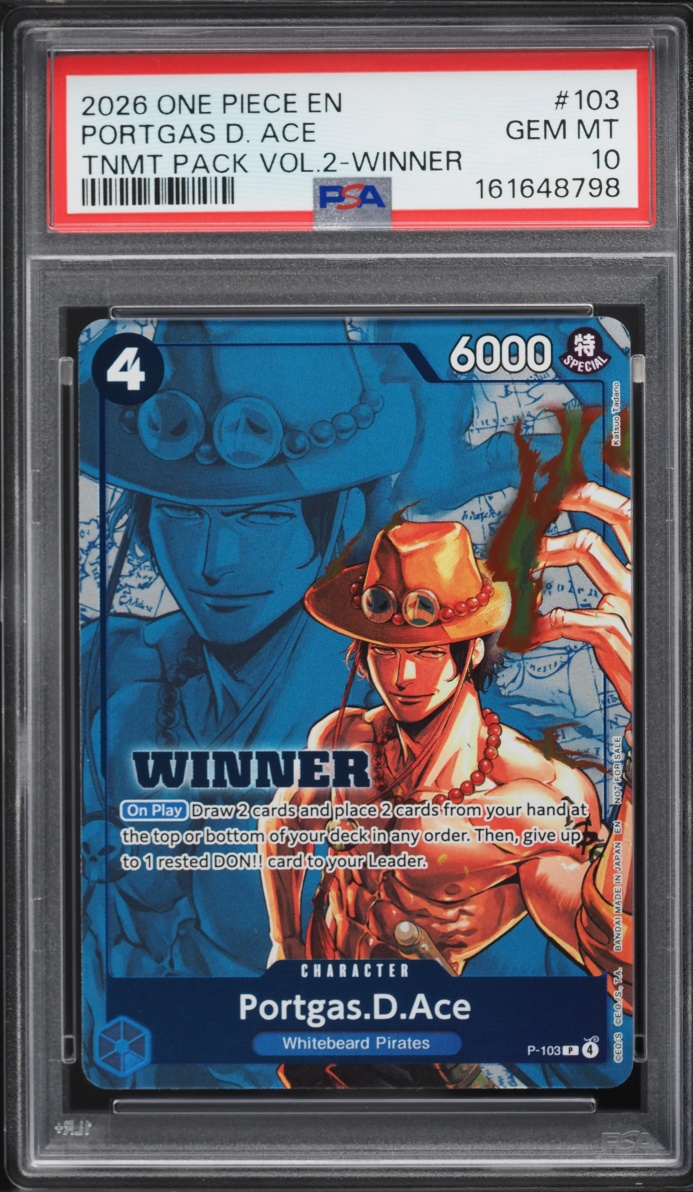 2026 One Piece Promo Tournament Pack Vol. 2 Winner Portgas D. Ace #P-103 PSA 10 GEM MINT