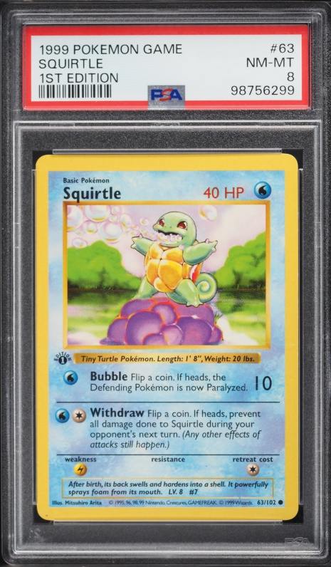 1999 Pokemon Base Set Shadowless 1st Edition Squirtle #63 PSA 8 NM-MT