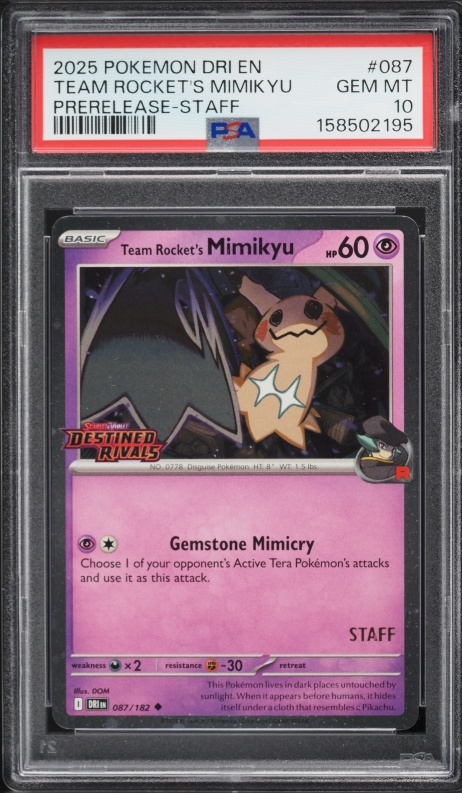 2025 Pokemon SV Destined Rivals Prerelease Staff Holo Team Rocket's Mimikyu #87 PSA 10 GEM MINT