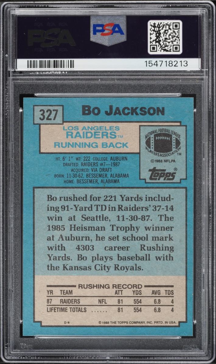 1988 Topps Football Bo Jackson ROOKIE #327 PSA 8 NM-MT