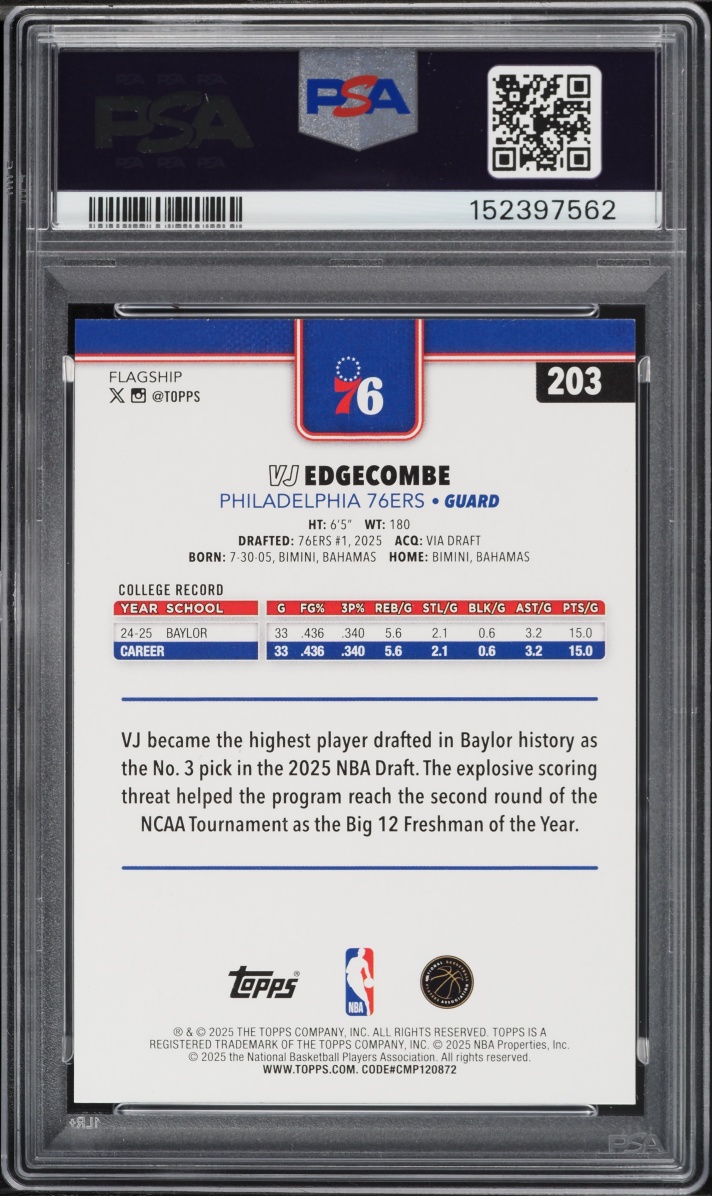 2025 Topps Basketball VJ Edgecombe ROOKIE #203 PSA 10 GEM MINT