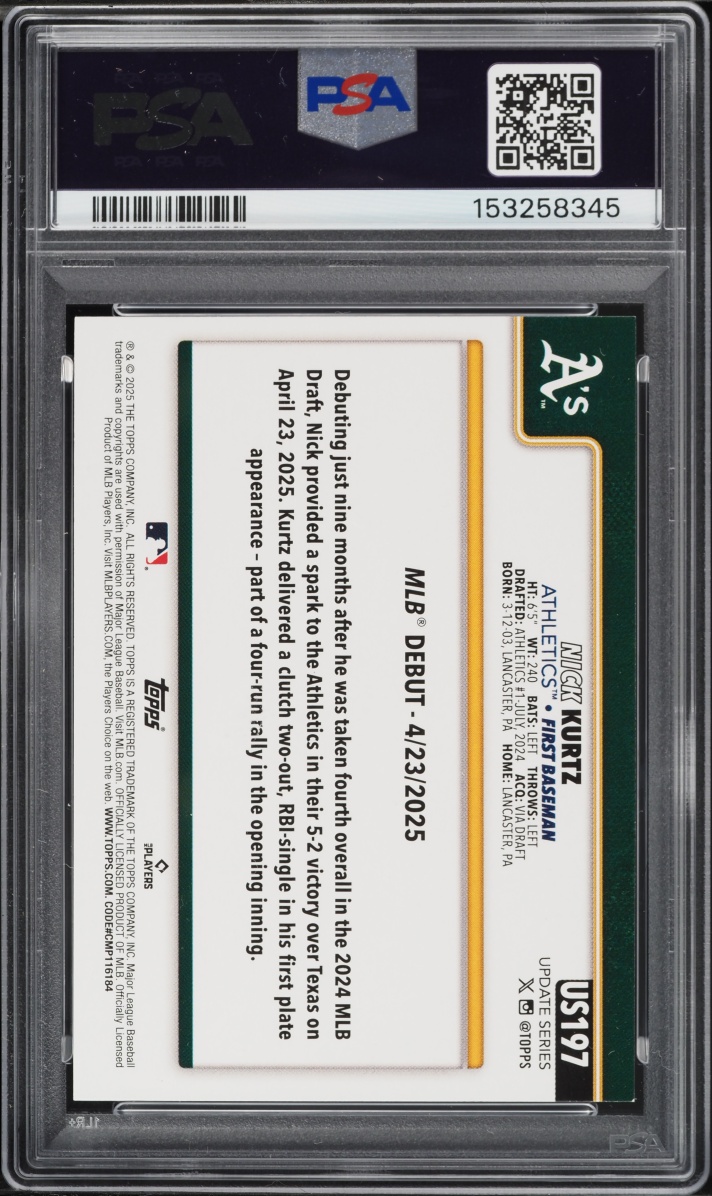2025 Topps Update Nick Kurtz ROOKIE #US197 PSA 9 MINT