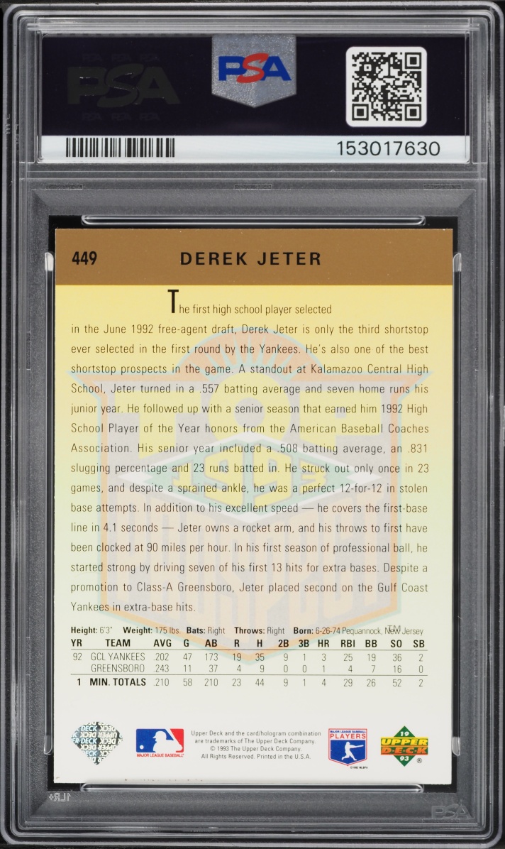 1993 Upper Deck Derek Jeter ROOKIE #449 PSA 8 NM-MT