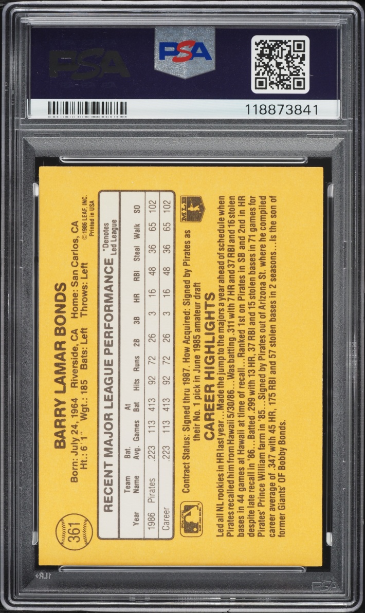 1987 Donruss Barry Bonds ROOKIE #361 PSA 9 MINT