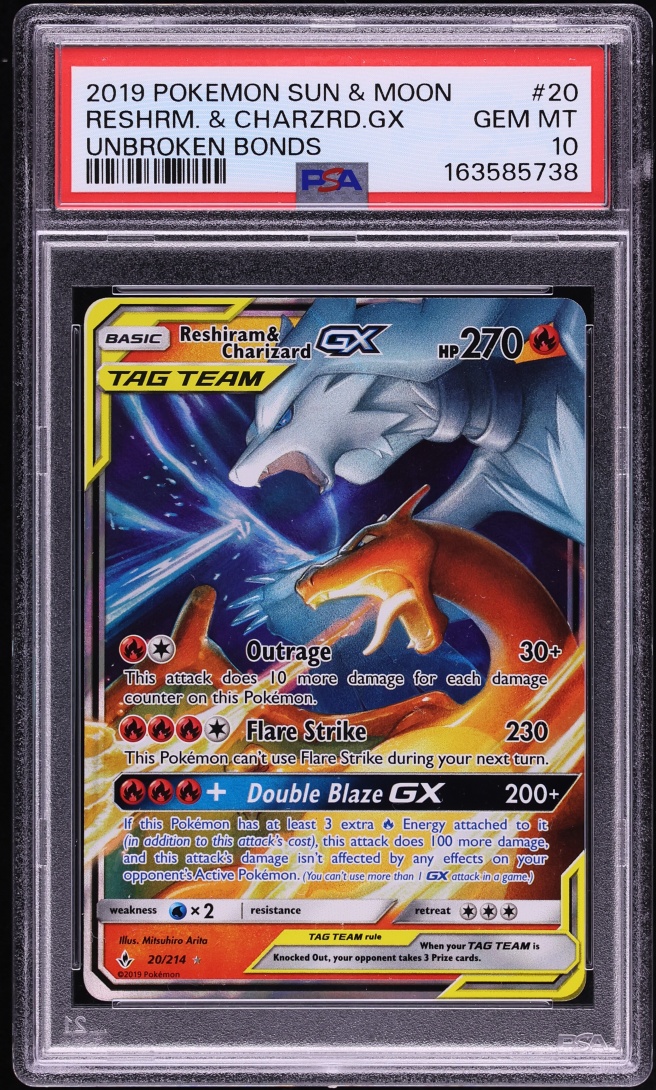 2019 Pokemon Sun & Moon Unbroken Bonds Holo Reshiram & Charizard GX #20 PSA 10 GEM MINT