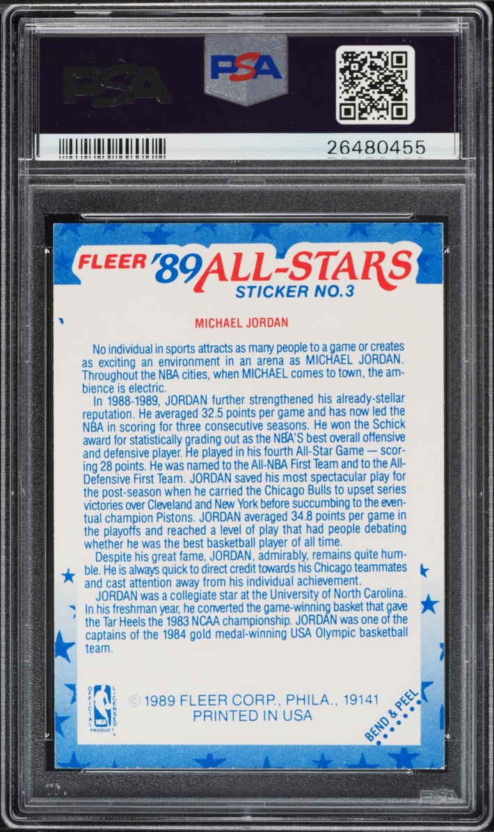 1989 Fleer Sticker Michael Jordan #3 PSA 9 MINT