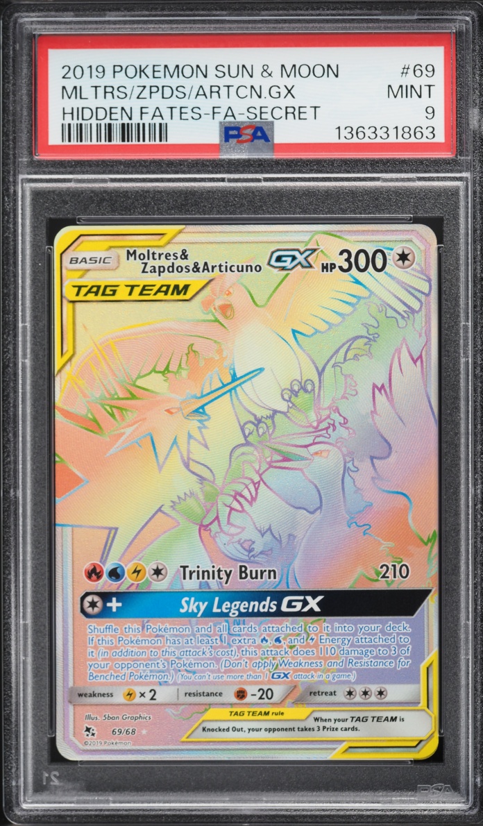 2019 Pokemon Sun & Moon Hidden Fates Rainbow Rare Moltres & Zapdos & Articuno GX #69 PSA 9 MINT