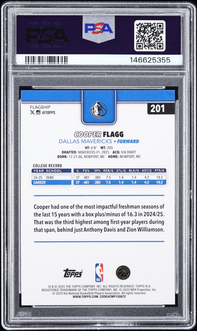 2025 Topps Basketball Cooper Flagg ROOKIE #201 PSA 10 GEM MINT