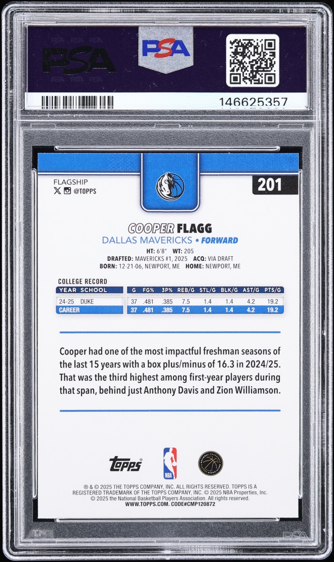 2025 Topps Basketball Cooper Flagg ROOKIE #201 PSA 10 GEM MINT