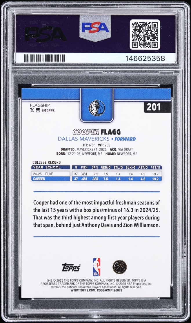 2025 Topps Basketball Cooper Flagg ROOKIE #201 PSA 10 GEM MINT