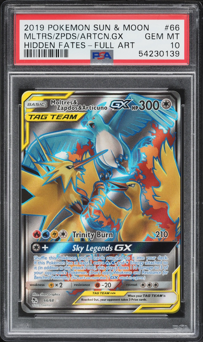 2019 Pokemon Sun & Moon Hidden Fates Full Art Moltres Zapdos Articuno GX #66 PSA 10 GEM MINT
