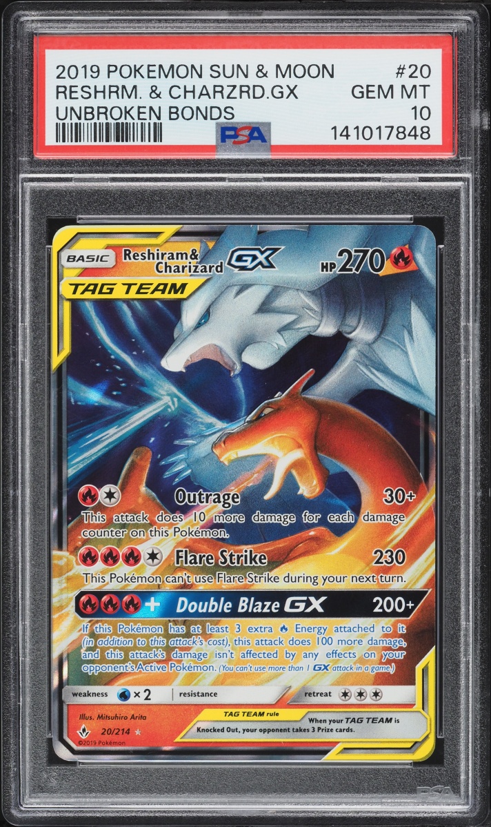 2019 Pokemon Sun & Moon Unbroken Bonds Holo Reshiram & Charizard GX #20 PSA 10 GEM MINT