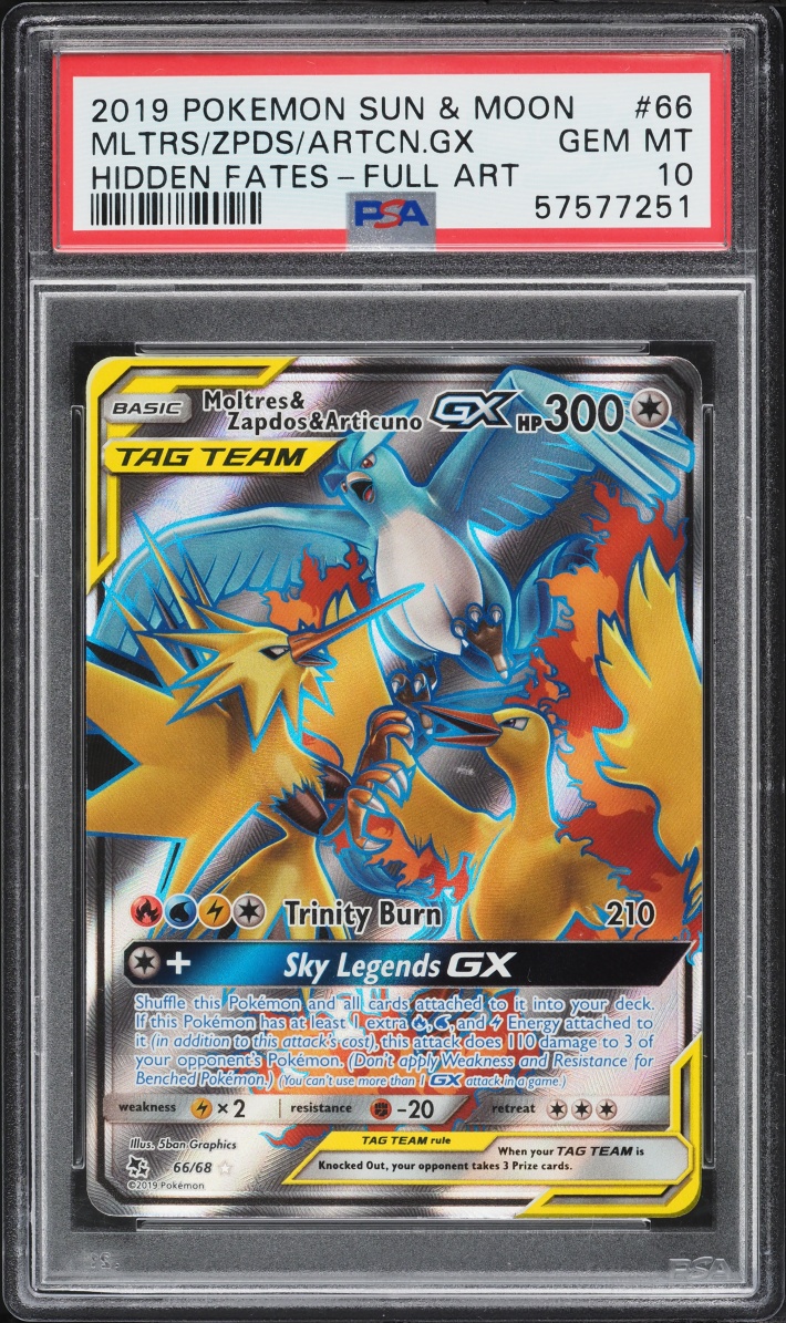 2019 Pokemon Sun & Moon Hidden Fates Full Art Moltres Zapdos Articuno GX #66 PSA 10 GEM MINT