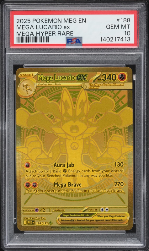 2025 Pokemon Mega Evolution Gold Rare Mega Lucario ex #188 PSA 10