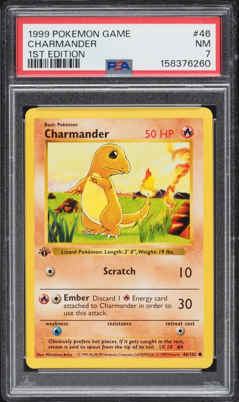 1999 Pokemon Base Set Shadowless 1st Edition Charmander #46 PSA 7 NRMT