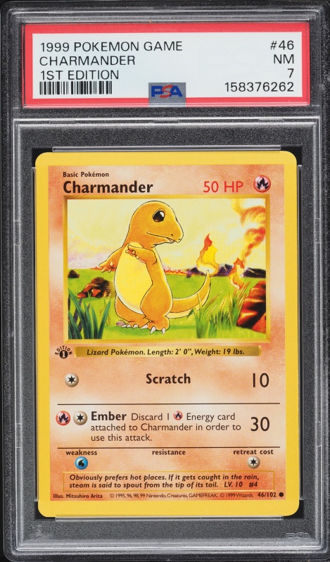 1999 Pokemon Base Set Shadowless 1st Edition Charmander #46 PSA 7 NRMT