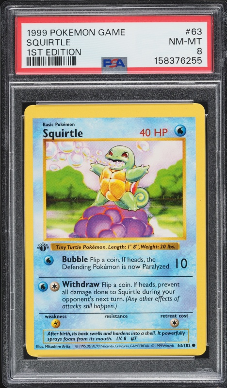 1999 Pokemon Base Set Shadowless 1st Edition Squirtle #63 PSA 8 NM-MT