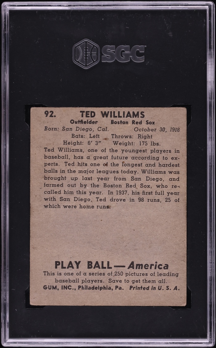 1939 Playball Ted Williams ROOKIE #92 SGC 2.5 GD+