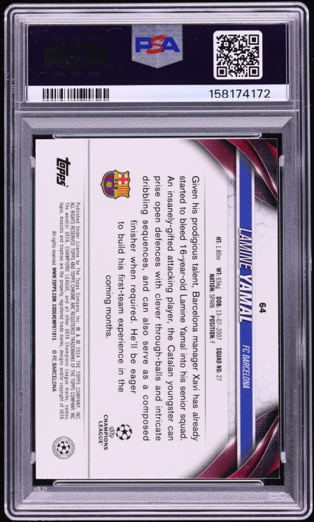 2023 Topps Chrome UEFA Club Competitions Lamine Yamal ROOKIE #64 PSA 10 GEM MINT