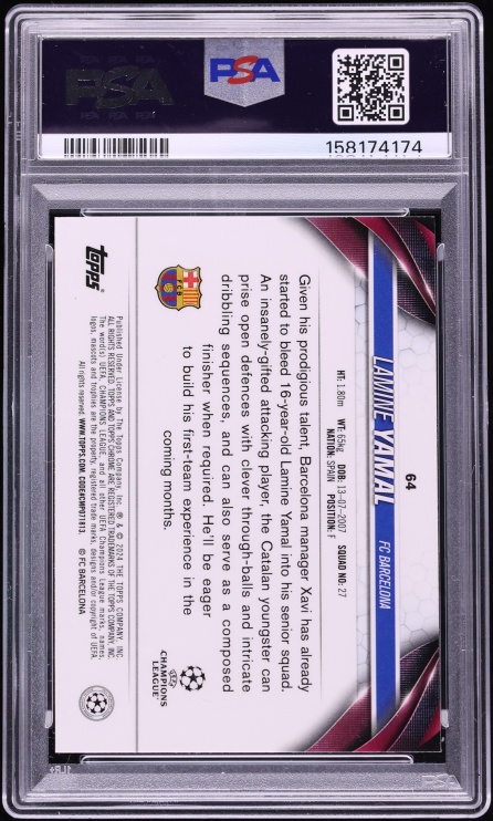 2023 Topps Chrome UEFA Club Competitions Lamine Yamal ROOKIE #64 PSA 10 GEM MINT