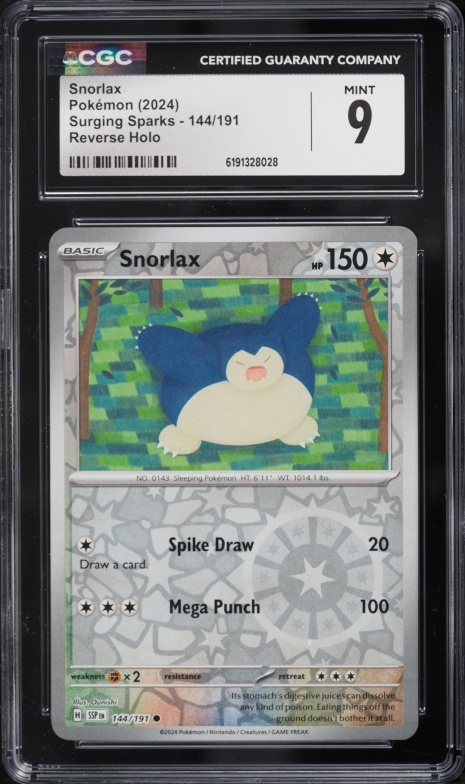2024 Pokemon Scarlet & Violet Surging Sparks Reverse Holo Snorlax #144 CGC 9 MINT