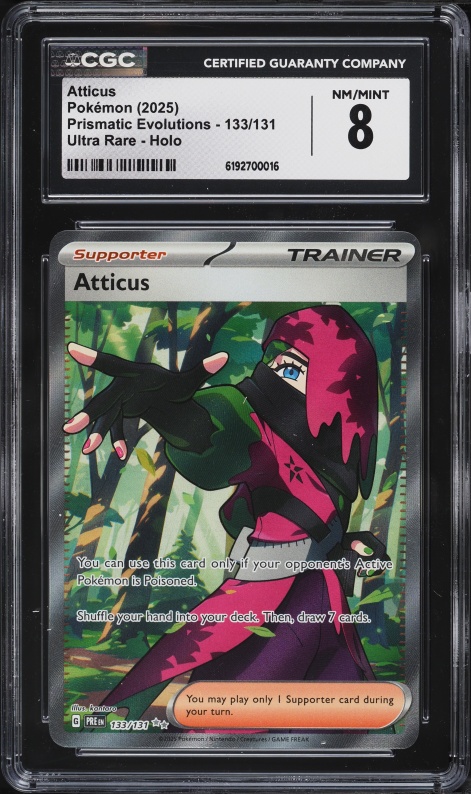2025 Pokemon Scarlet & Violet Prismatic Evolutions Full Art Atticus #133 CGC 8 NM-MT