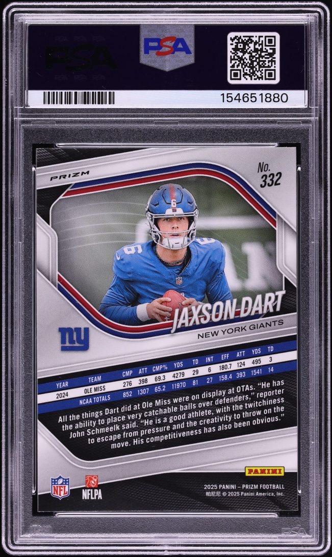 2025 Panini Prizm Silver Jaxson Dart ROOKIE #332 PSA 10 GEM MINT