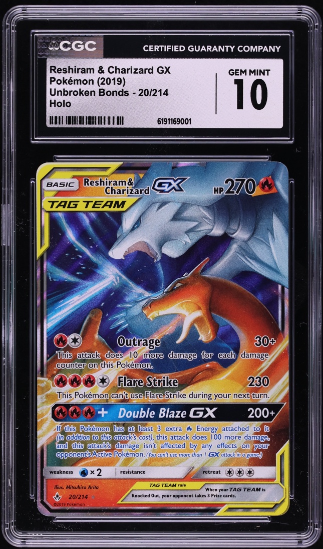 2019 Pokemon Sun & Moon Unbroken Bonds Holo Reshiram & Charizard GX #20 CGC 10 GEM MINT