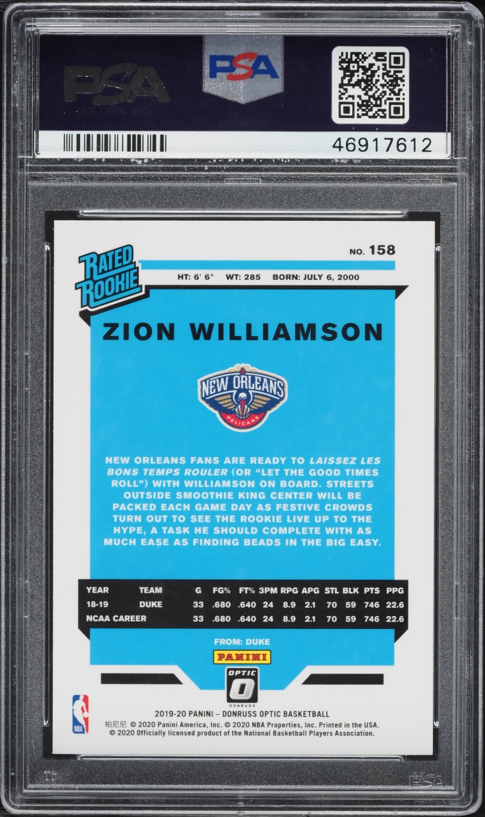 2019 Donruss Optic Zion Williamson ROOKIE #158 PSA 10 GEM MINT